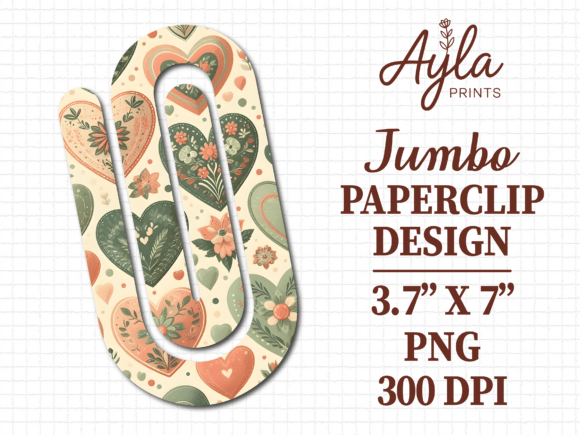 Retro Green Floral Heart Jumbo Paperclip Graphics for Crafts